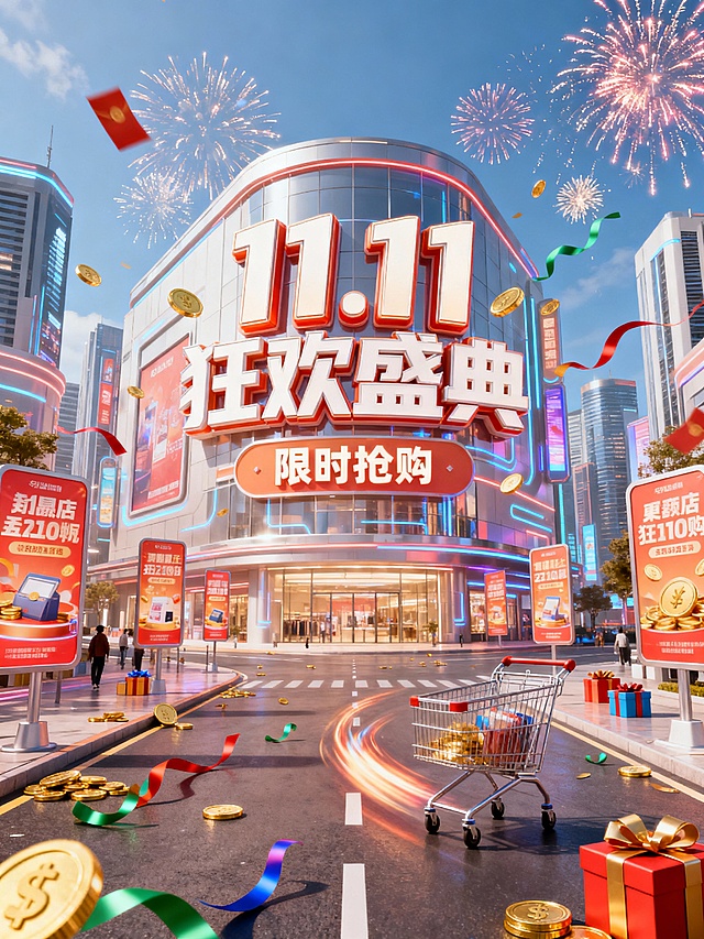 未来都市中央的商场，建筑表面有巨大的“11.11狂欢盛典”立体字，下方写着“限时抢购”，街道布满促销立牌，道路上有动态感的购物车，四周金币、彩带、礼盒散落，空中绽放着烟花，整体风格热烈喜庆