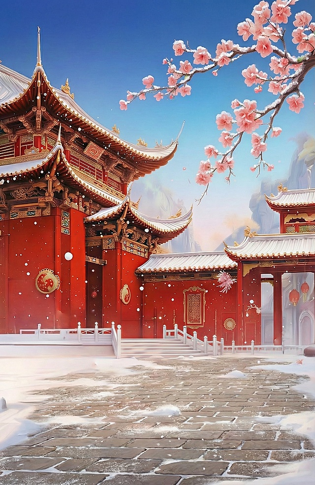 花和树枝上有一点积雪，地面改成城砖，地面有少量积雪