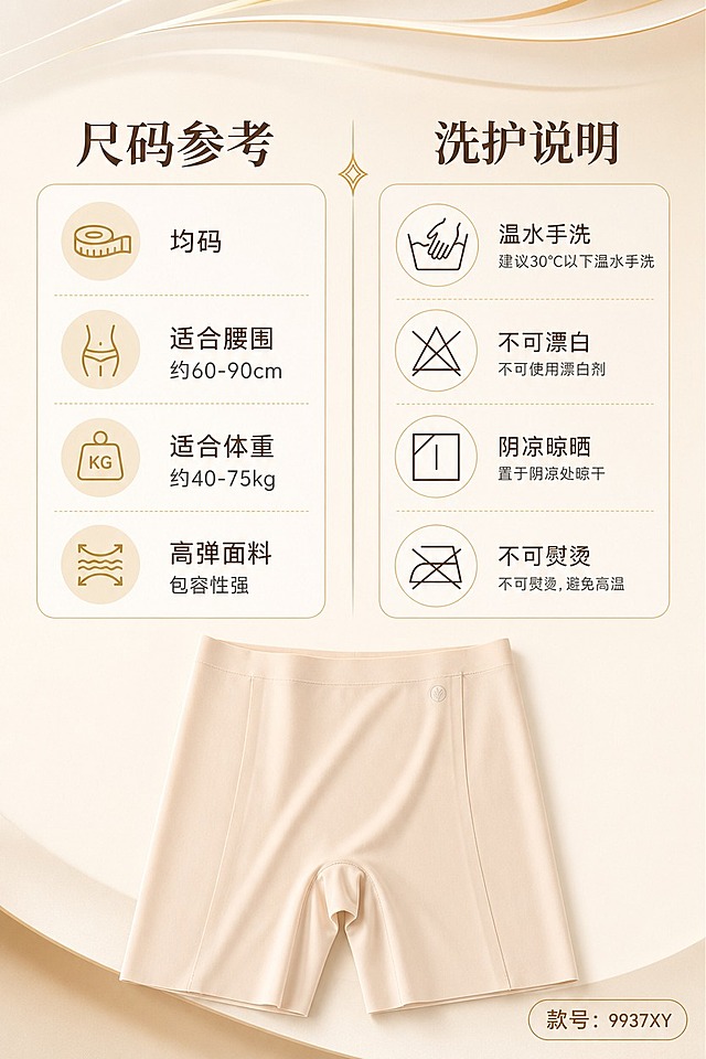 [商品] 使用【图1】肤色款高弹奶皮冰丝空调安全裤（款号9937）；商品处理：保留裤型、腰头、冰丝面料质感和肤色；自然理顺裤身褶皱，增强面料细腻光泽，不改变版型和颜色。
[画面] 页面目标：尺码说明+洗护保养指南，降低购买决策顾虑。构图：左右分栏，左侧尺码适配区占50%，右侧洗护保养区占50%；底部放产品小图展示全貌。背景：浅米色渐变背景，顶部淡金色装饰线条，整体简洁清晰有品牌感。阅读动线：左栏尺码→右栏洗护→底部产品展示。
[视觉] 套系策略：风格=高级轻奢商业摄影，简约有品牌感；标题字=现代简约衬线粗体，优雅大气；正文字=简洁无衬线体，清晰易读；主色=浅米色（奶油米白）；背景延展=基于浅米色做深浅渐变、同色系层次和细腻哑光质感；强调色=香槟金色，仅用于小面积图标、引线、装饰线条和标签描边；标题色=深奶茶棕；正文色=暖灰棕；组件=圆角浅金描边信息卡、细金线分隔、简约线性洗护图标；光影=柔和均匀光，产品小图下方自然投影。
[文字] 左栏标题「尺码参考」，下方列出：均码、适合腰围（约60-90cm）、适合体重（约40-75kg）、高弹面料 包容性强；右栏标题「洗护说明」，下方4个图标+文字：温水手洗、不可漂白、阴凉晾晒、不可熨烫；底部产品小图旁标注「款号：9937XY」；文字全部横向排版，清晰易读。
[规格] 图片比例2:3竖版，4K分辨率，淘宝/天猫详情页适配。避免变形、错字、文字过小、冷蓝色调、产品颜色失真、低俗内容。