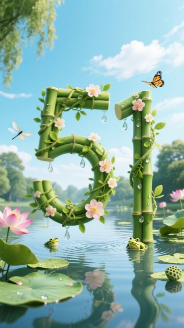 3D渲染大字风，绿色竹子缠绕花朵藤蔓嫩叶组成的标题大字“51”，上面挂着露珠，画面背景：荷花，睡莲，荷叶，莲蓬，浮萍，远处的风景树，蓝天白云，蜻蜓蝴蝶，清澈的水面，涟漪，小青蛙，预览效果