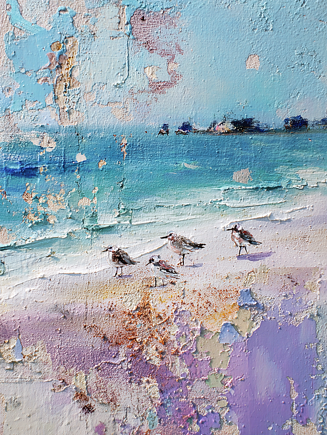 现代美学，极简主义，色彩颗粒，丙烯画、布面油画，颜料厚涂，色粉画，扁平化，光影艺术，插画、绘本插图、风景、自然主题、肌理触感等，复杂的细节，细致的描绘，肌理纸制作与画面特殊效果的把控是作品的灵魂，画面细腻耐人寻味、如肌理纸上的二次创作，如画、划等手法、特定色彩与肌理效果，画我所熟悉的海滩、几只鹬鸟、波光粼粼的海面上的船只和美丽的风景等主题。她每天都在进行绘画实验，在形状、颜色和线条上变得更加自由和具有实验性。