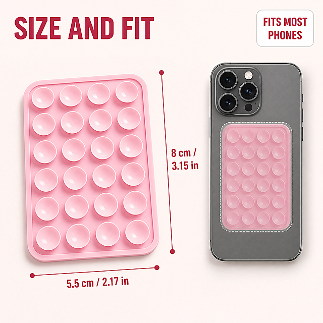 [主图-5] 商品名称「24-Suction-Cup Double-Sided Silicone Phone Grip — Hands-Free Phone Holder with Firm Suction on Smooth Surfaces for Most Phones (Round Cup Design)」。本张唯一任务：下单前的尺寸与适配核对，标注真实尺寸。
[统一基调] 干净明亮的数码配件信息图视觉：暖白到极浅粉白背景，樱花粉硅胶产品配深莓红标题、中灰辅助文字与粉调强调；单一几何无衬线粗体，仅以字号层级区分；卡片 16px 圆角白卡 + 1px 浅灰描边，图标统一 2px 线性描边；左上 45° 柔光、右下自然接触阴影。
[画面] 粉色双面吸盘垫正面朝上、略侧 15° 平放在浅暖白台面上，居画面中偏左：右侧一条竖向细莓红标注线带圆点端点，标注垫子高度，旁边写 "8 cm / 3.15 in"；下方一条横向细莓红标注线带圆点端点，标注垫子宽度，旁边写 "5.5 cm / 2.17 in"；右侧同框一部深灰直板手机背面朝镜头（机身无任何品牌标志），用半透明虚影框示意吸盘垫贴在手机背面的贴合位置与相对大小，比例真实；右上角一张 16px 圆角白卡小窗写适配提示。
[光影质感] 影棚柔光，左侧主光，标注线为平面图形不与产品产生错误阴影，产品有自然接触阴影，不悬浮。
[配色] 沿用统一基调，背景为极浅粉白，标注线与文字用深莓红，辅助文字用中灰。
[文字版式] 主标题置左上，深莓红粗体大字 "SIZE AND FIT"；标注文案仅允许 "8 cm / 3.15 in" 与 "5.5 cm / 2.17 in"；右上白卡内为深莓红小号粗体 "FITS MOST PHONES"；全图仅英文文案，禁止中文、错字。
[输出要求] 1:1 正方形；负向：除上述两组尺寸外的任何数字、件数、重量、承重数据、多余尺寸线、中文、水印、平台 Logo、品牌标志、变形、标注遮挡主体、模糊。