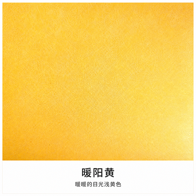 将这张皮料色卡修改为统一格式：保留皮料原始颜色和纹路完全不变，底部白色标签区域统一为两行文字，第一行是中文颜色名称'暖阳黄'，第二行是颜色描述'暖暖的日光浅黄色'，字体为简洁无衬线字体居中对齐，整体色卡为正方形，边缘干净整齐，专业产品色卡风格