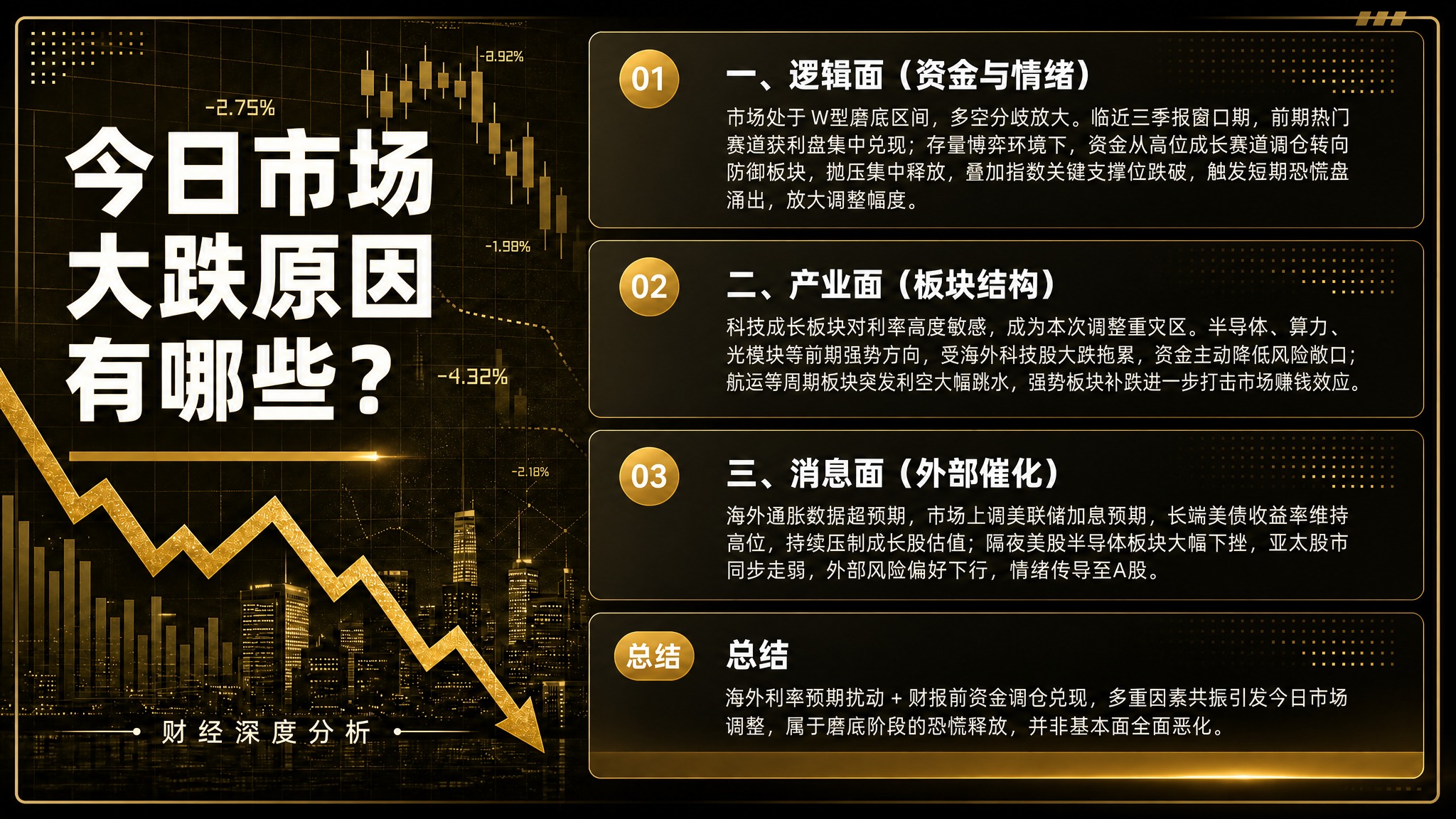 将这张财经分析海报的背景颜色改为黑金系风格。整体背景改为深邃的… - 图片创意预览