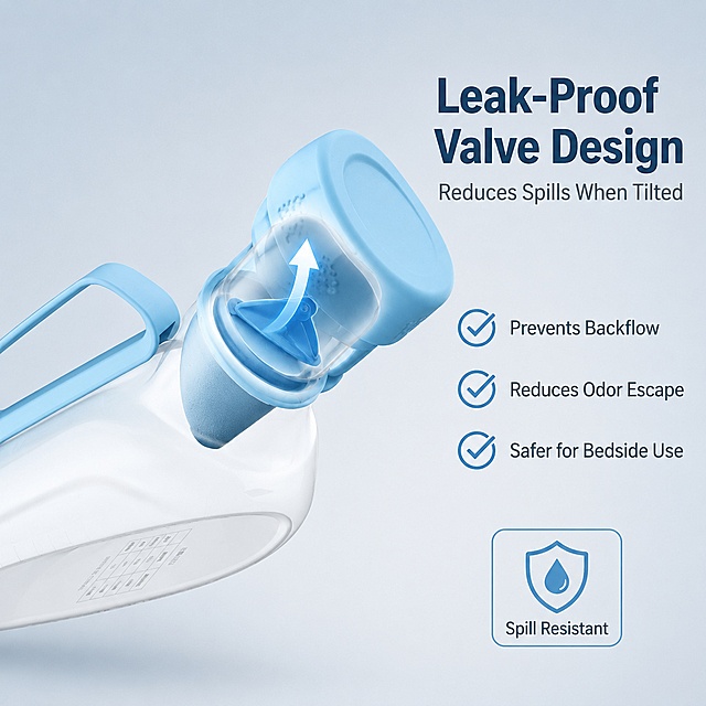 Amazon infographic style main image, leak-proof valve design feature. Light blue-gray clean background, professional and technical feel. Close-up angled view focusing on the internal leak-proof valve mechanism inside the light blue cap area of the male urinal bottle, shown in a cutaway or transparent view to reveal the valve flap structure. Product exterior appearance, structure, material and color must remain exactly consistent with input product image. Right side headline: bold title "Leak-Proof Valve Design", subtitle "Reduces Spills When Tilted". Below title, three benefit points with checkmark icons: "Prevents Backflow", "Reduces Odor Escape", "Safer for Bedside Use". A curved arrow graphic near the valve illustrates the one-way flow direction. Bottom has a small icon badge of a shield with text "Spill Resistant". Soft directional lighting to highlight the valve mechanism, commercial product photography quality. 1:1 square ratio, all text in English, text sharp and readable. Negative: deformed structure, Chinese text, watermark, platform logo, messy background, blurry details.