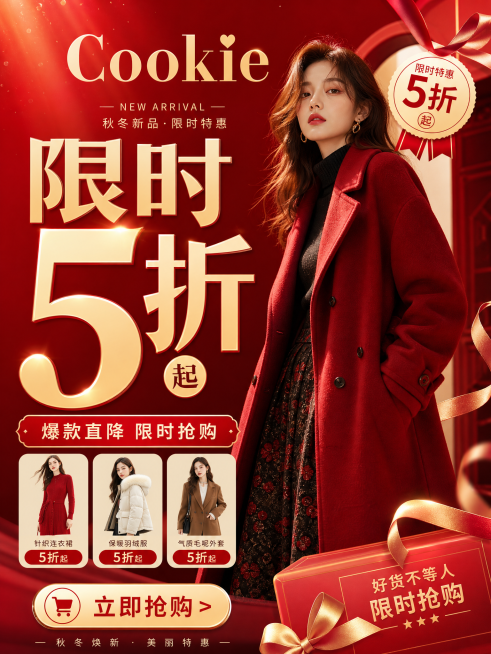 Cookie女装折扣促销单图海报，手机端，红色喜庆风格，大字体文字"限时5折起"，搭配女装商品图，吸引点击，品牌Cookie突出预览效果