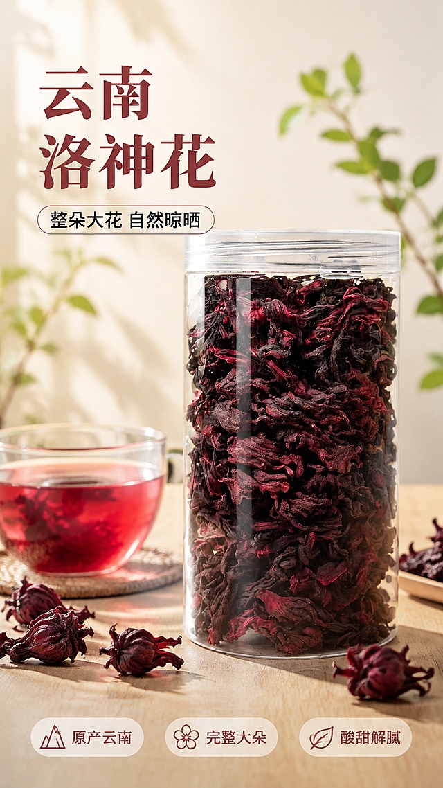 [第1张] 详情页头图-云南洛神花干花茶产品全貌氛围海报。本张使用【图1】作为商品主体，罐子上去掉白色标签，保持透明罐身和洛神花干的自然紫红色外观。
[氛围/风格] 自然清新养生风，暖调自然光感，高级商业摄影质感，突出花茶的天然纯净与养颜氛围。
[元素布局] 透明罐装洛神花干置于画面中央偏右，占比约60%-65%；罐身无任何白色标签，罐内洛神花干呈深紫红色，完整饱满；左侧留出标题区；前景散落几朵完整的洛神花干和一杯泡好的玫红色花茶；背景为浅米色渐变，搭配柔和的植物叶片剪影；台面为浅木色纹理。
[光影质感] 左上方柔和自然光照射，右侧辅光补亮，罐身有自然高光，底部有柔和投影，整体通透明亮。
[配色色系] 全局底色 #F7F3EB（浅米杏色）；主色洛神花紫红色 #8B2252；辅助色浅木色、绿色叶片点缀。
[视角构图] 正面微仰视，产品为视觉中心，阅读动线左上标题 → 中部产品 → 底部信息条。
[文字版式] 左上标题区：主标题「云南洛神花」温润宋体大字，副标题「整朵大花 自然晾晒」圆角黑体小字；底部信息条：三个卖点胶囊「原产云南」「完整大朵」「酸甜解腻」；文字不遮挡罐身主体。
[比例分辨率] 9:16 竖版比例，4K 分辨率，文字清晰可辨，高清画质。
[负向提示词] 罐身有白色标签，产品变形，缺件错件，颜色偏差，水印，文字错乱，产品图模糊，背景杂乱，文字过小。