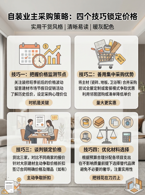 "自装业主采购策略：四个技巧锁定价格"，技巧一：把握价格监测节点；技巧二：善用集中采购优势；技巧三：谈判锁定价格；技巧四：优化材料选择，实用干货风格，清晰易读，暖灰配色适合装修分享预览效果