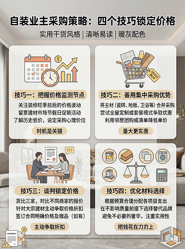 "自装业主采购策略：四个技巧锁定价格"，技巧一：把握价格监测节点；技巧二：善用集中采购优势；技巧三：谈判锁定价格；技巧四：优化材料选择，实用干货风格，清晰易读，暖灰配色适合装修分享