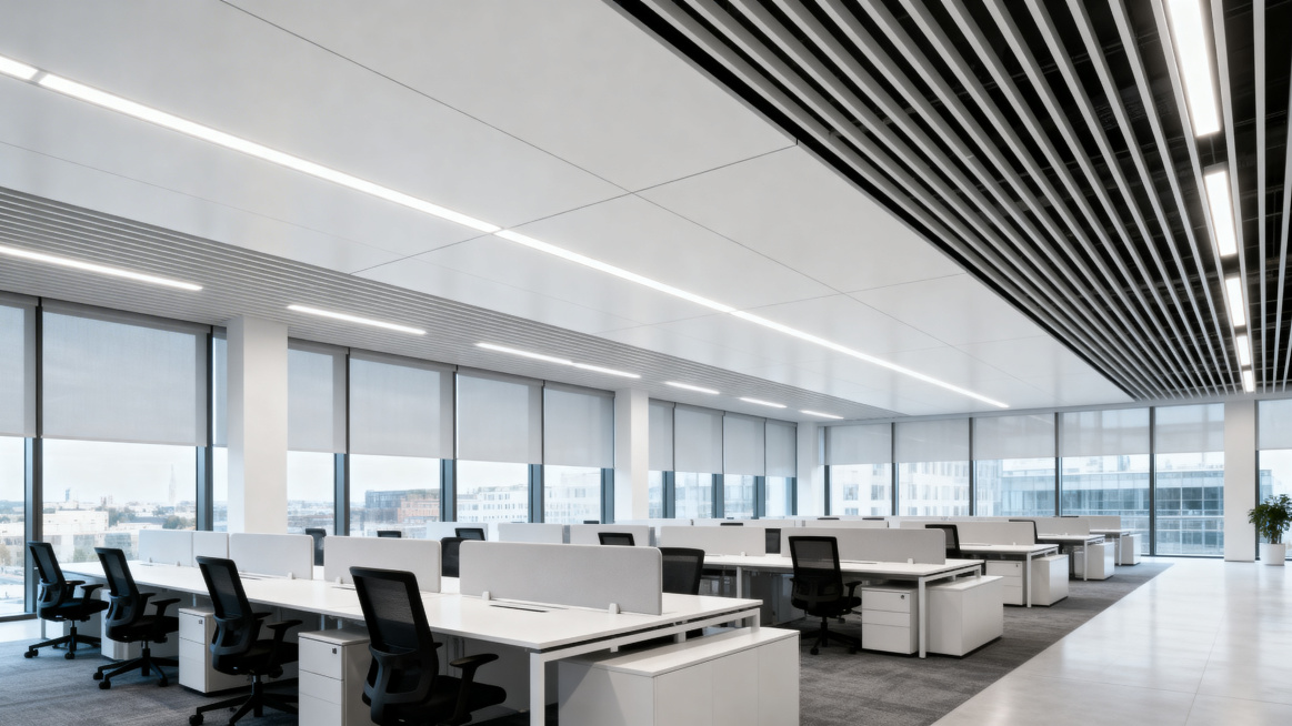 欧美空间设计，现代时尚Office敞开式大办公空间，天花使用白色1200x2400mm铝蜂窝板大板，搭配长条格栅灯，大空间，强设计感，现代简约风格，高级，天花清晰可见，高清4k，质感细腻预览效果