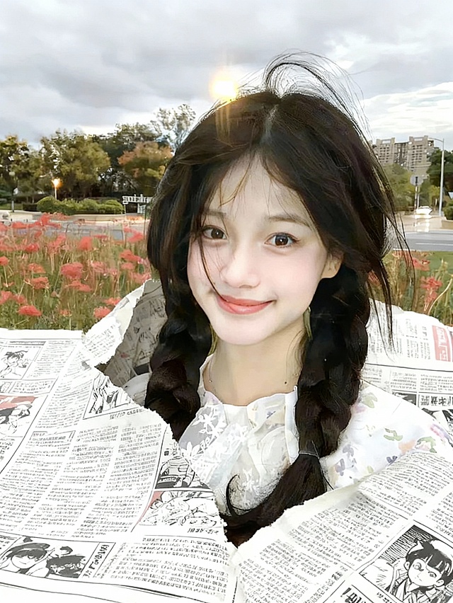 参考图中的人物撕开铺面全屏的漫画报纸，特写人物从报纸的裂缝中探出。