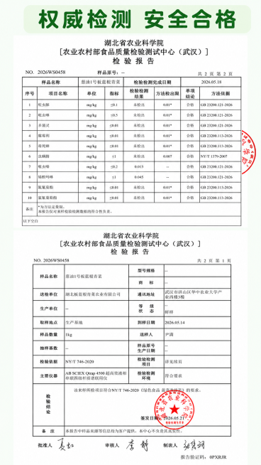 [第6屏] 检测报告-官方检验结果清晰展示。
[氛围/风格] 专业权威可信风，突出检测合格安全。
[元素布局] 页面完整展示湖北省农业科学院出具的检验报告，保持报告文字和公章清晰可辨，上半部分放报告第预览效果