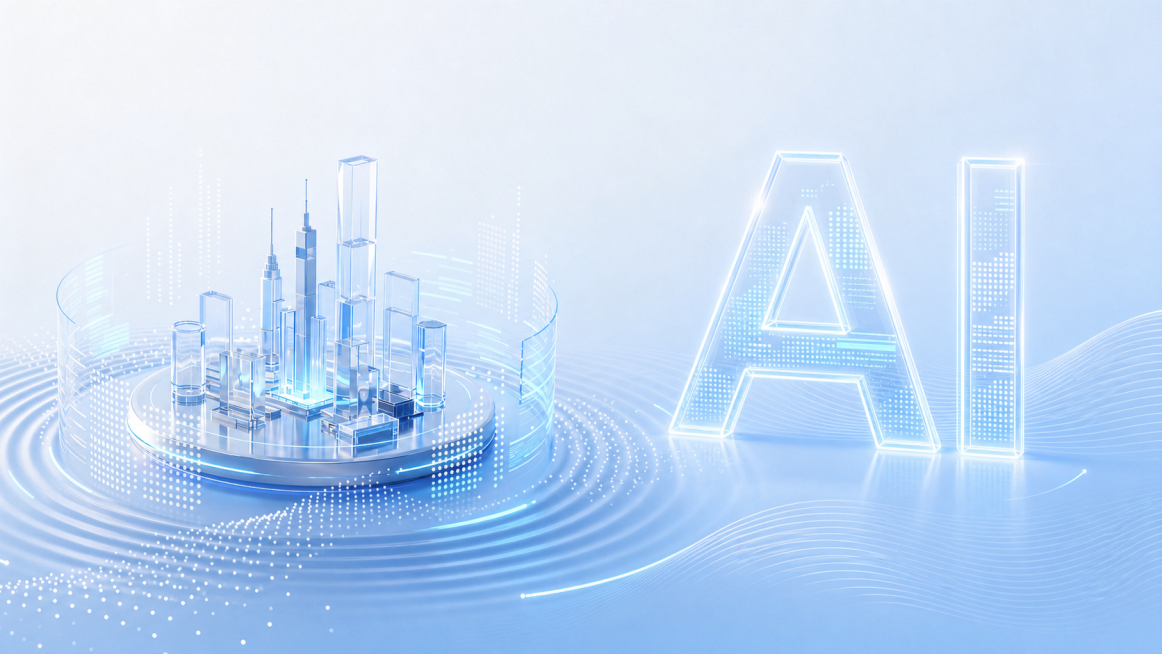 让"AI"字样更明显醒目，将玻璃城市建筑群移动到画面左侧，保持浅蓝科技风格一致预览效果