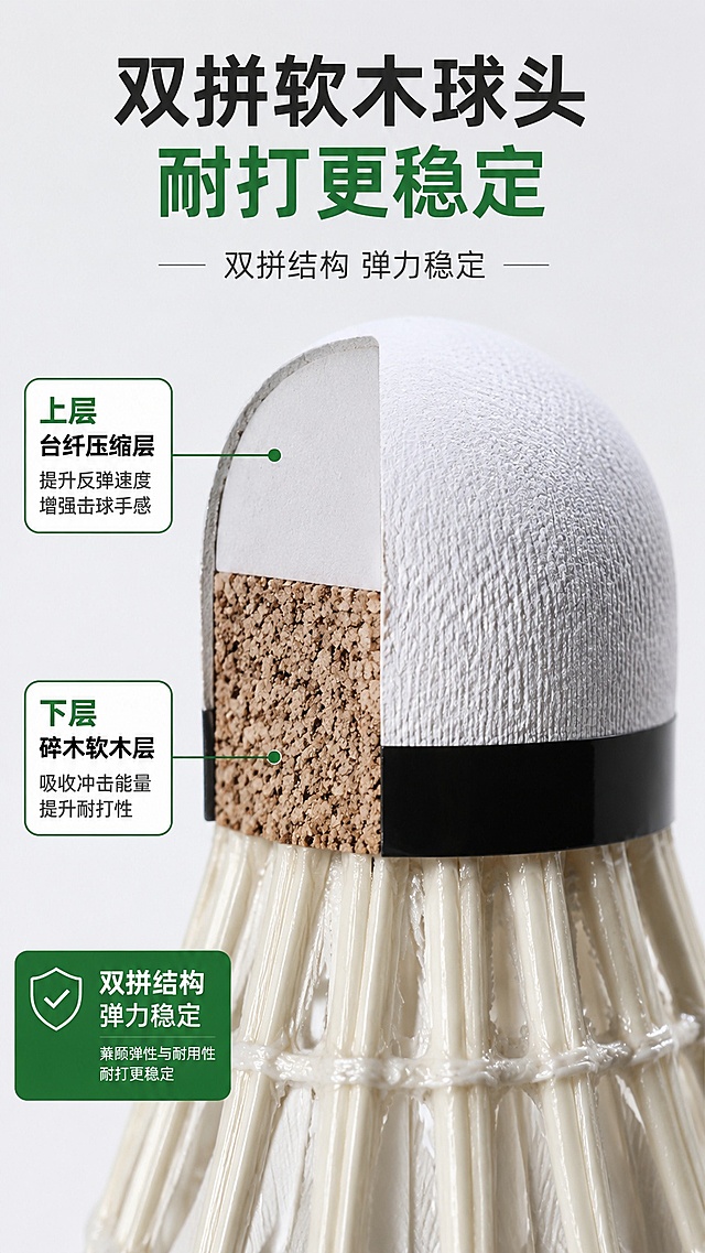 [第4屏] 球头结构解析-台纤混合碎木双拼软木展示。本屏使用【图2】展示球头特写。
[氛围/风格] 材质解析专业风格，微距清晰展示球头结构。
[元素布局] 球头部分放大占据画面中心，占比约70%，剖面示意分层结构，背景浅灰，保留球头原始质感与颜色，和输入图片一致。
[光影质感] 侧光突出球头纹理和软木质感，明暗对比清晰，层次丰富。
[配色色系] 全局底色 #F0F0F0，主色白色球头+黑色固定圈，辅助色绿色标注框。
[视角构图] 侧面微距特写，聚焦球头部位。
[文字版式] 顶部主标题「双拼软木球头 耐打更稳定」，标注「上层台纤压缩层」「下层碎木软木层」「双拼结构 弹力稳定」，文字清晰不遮挡球头主体，说明结构优势。
[比例分辨率] 9:16 竖版比例，4K分辨率，文字清晰可辨，高清画质。
[负向提示词] 球头变形，纹理模糊，文字错乱，颜色失真