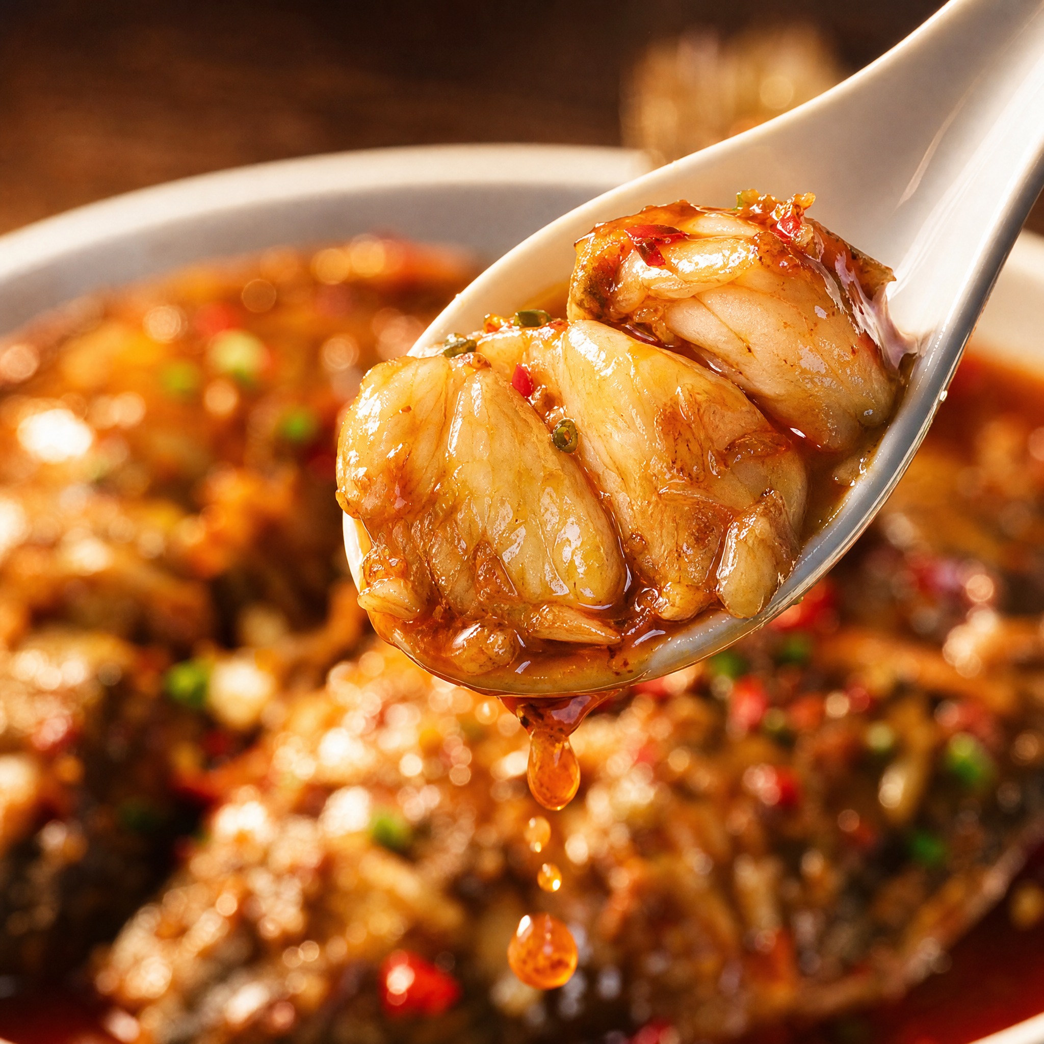 红烧臭鳜鱼蒜瓣肉特写，1:1正方形。白色瓷勺中盛着两三块完整的… - 图片创意预览
