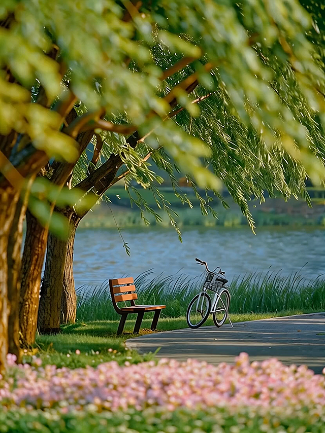清新自然的湖畔场景，柔和光影洒落，柳枝轻拂，木椅与单车静置，粉色花海铺展，营造出唯美文艺的静谧氛围，实景感十足。