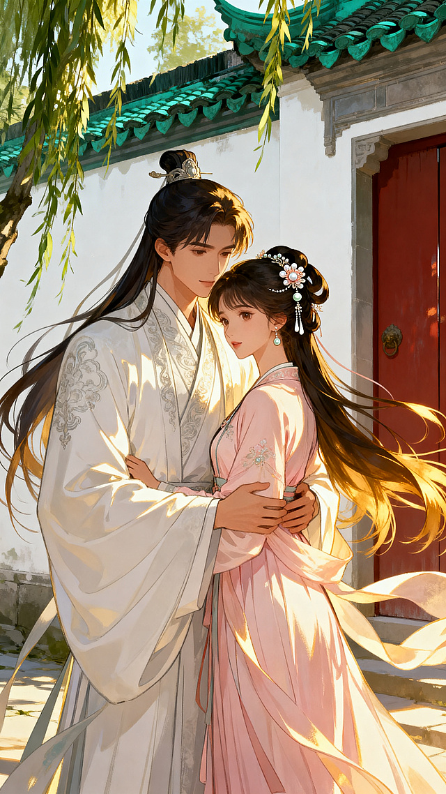 二次元国风动漫小说封面，古风场景，一对古风男女相拥，唯美国风二次元，构图完整适合小说封面，动漫手绘风格，细腻勾线，层次感丰富，氛围感十足