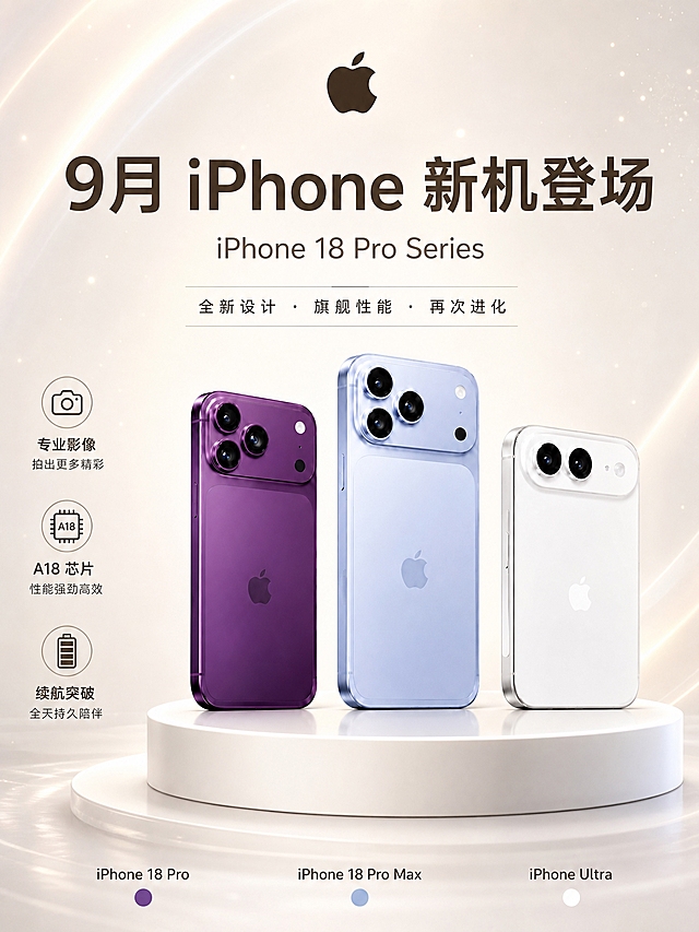 3:4竖版商业数码海报，米杏暖白色浅色系背景，细腻柔和漫射光影，极淡的细闪效果，白色圆形展台，多台数码设备错落陈列，简约轻奢，画面通透干净，8K超高清，商业产品渲染风格。

画面顶部居中放置苹果logo，主标题大字"9月 iPhone 新机登场"，下方英文小字副标题"iPhone 18 Pro Series"。

画面中部三款iPhone手机错落陈列在白色圆形展台上，从左到右依次为：深紫色iPhone 18 Pro、浅蓝色iPhone 18 Pro Max、白色iPhone Ultra。三款手机100%还原上传商品图的产品外形、摄像头模组、颜色材质、苹果logo、机身结构与比例，以上传图为唯一商品主体来源，不重新设计产品外观。

画面左侧有图标+文字信息模块，包含三个功能图标及对应短句。

画面底部标注三款设备名称及配色样机小圆点：
- "iPhone 18 Pro" 配深紫色小圆点
- "iPhone 18 Pro Max" 配浅蓝色小圆点  
- "iPhone Ultra" 配白色小圆点

画面中必须完整呈现以下文字信息：
"9月 iPhone 新机登场"
"iPhone 18 Pro Series"
"全新设计 · 旗舰性能 · 再次进化"
"iPhone 18 Pro"
"iPhone 18 Pro Max"
"iPhone Ultra"

画面中所有数字必须精确渲染，不得错位、遗漏或编造。画面中所有信息区域必须填充完整合理的内容，不得出现空白框、空白占位。版式精美，文字不遮挡产品主体。