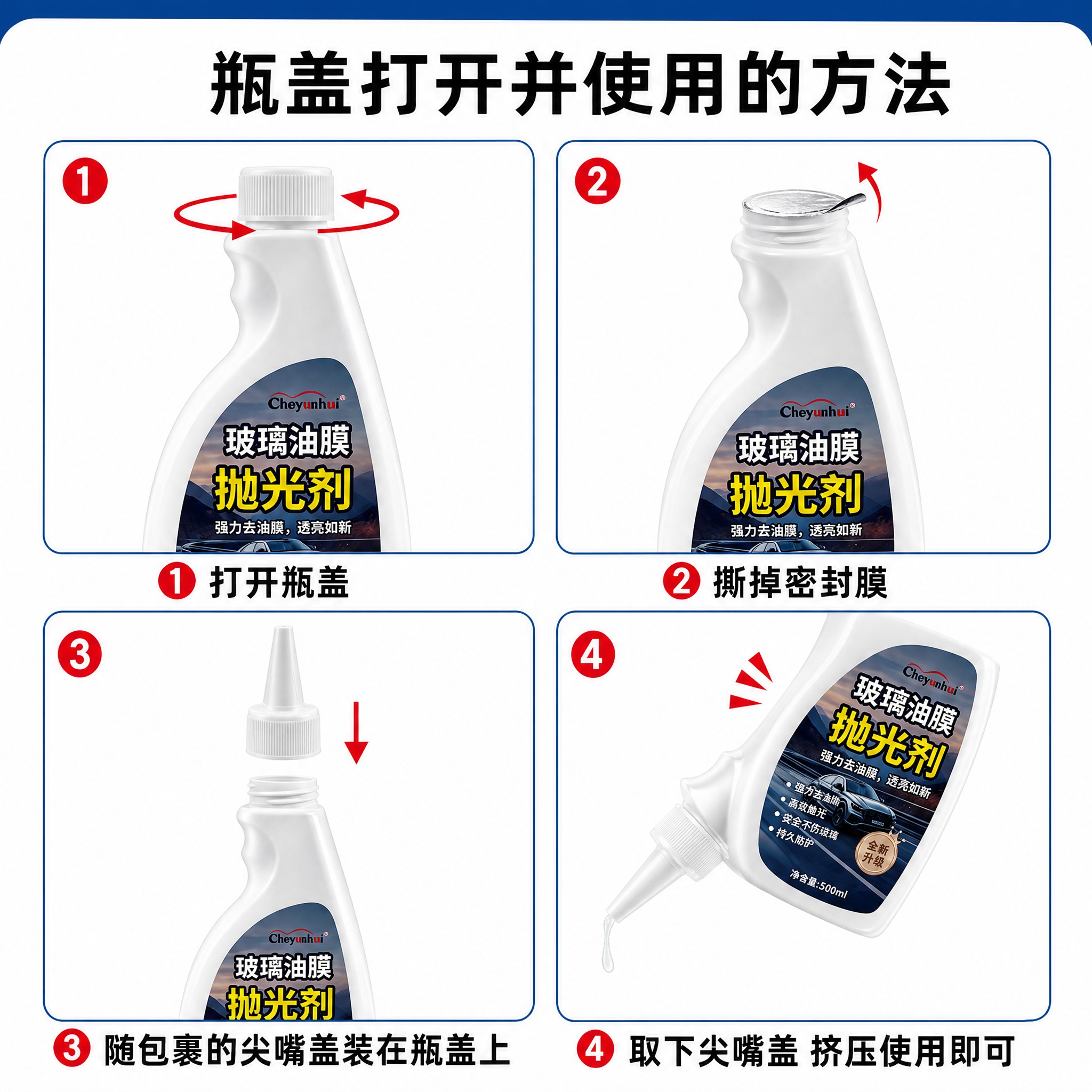[主图-3] 瓶盖开启操作图，核心任务是用四步图解清晰展示瓶盖… - 图片创意预览
