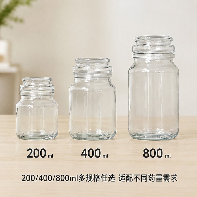 [主图4] 规格尺寸展示，三种容量组合展示，说明适用场景。[氛围风格] 直观清晰，帮助用户快速选择。[画质] 商业摄影质感、光线柔和通透、产品清晰真实、画面干净高级。[元素] 保持每个尺寸玻璃罐的外观、物理结构、材质质感、颜色与输入产品图绝对一致，杜绝任何变形和色差，精细化处理。将200ml、400ml、800ml三个规格的玻璃罐竖直并排摆放在浅色木纹桌面上，形成高度对比，直观展示尺寸差异。左侧200ml最小，中间400ml中等，右侧800ml最大，排列整齐间距均匀。[光影] 均匀自然光，每个罐子轮廓清晰，玻璃通透感一致。[配色] 浅木色背景，干净清爽，突出产品。[视角构图] 平视正面，三个罐子并排居中，整体构图均衡。[文字版式] 每个罐子下方标注对应容量，大字数字+小字毫升单位，容量数字放大醒目，清晰易读。下方文案写"200/400/800ml多规格任选 适配不同药量需求"，居中放置底部留白处，不遮挡产品。[比例分辨率] 1:1比例，2048*2048 4K分辨率，文字清晰可辨，超高清。[负向提示词] 变形，文字错乱，产品模糊，背景杂乱，水印，电商平台Logo，文字遮挡主体。