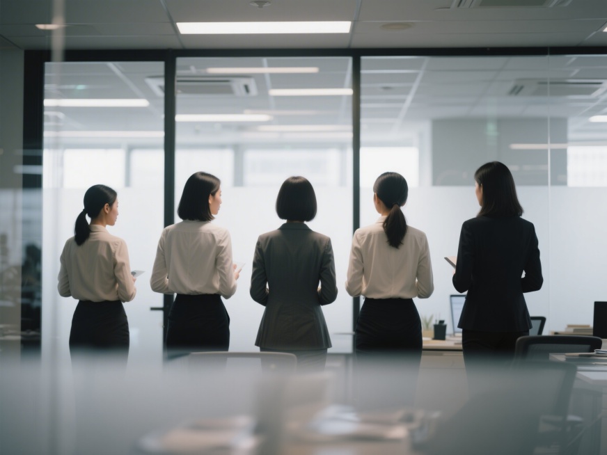 五位女性管理者的背影，背景是现代化办公室环境，纪实摄影风格，真实自然预览效果