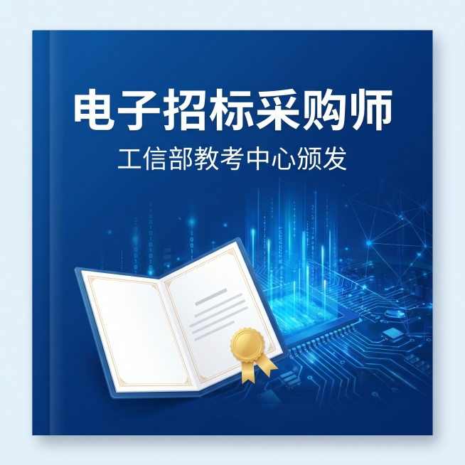 电子招标采购师 专业技能证书宣传封面，蓝色简约商务风格，标题“电子招标采购师”醒目，工信部教考中心颁发，方形构图，简洁大气专业，包含证书元素和科技感设计预览效果