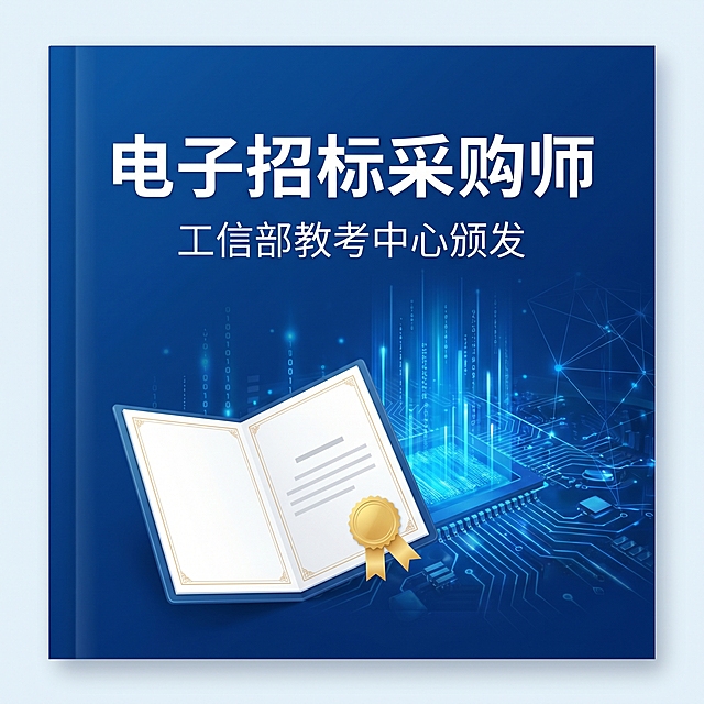 电子招标采购师 专业技能证书宣传封面，蓝色简约商务风格，标题“电子招标采购师”醒目，工信部教考中心颁发，方形构图，简洁大气专业，包含证书元素和科技感设计