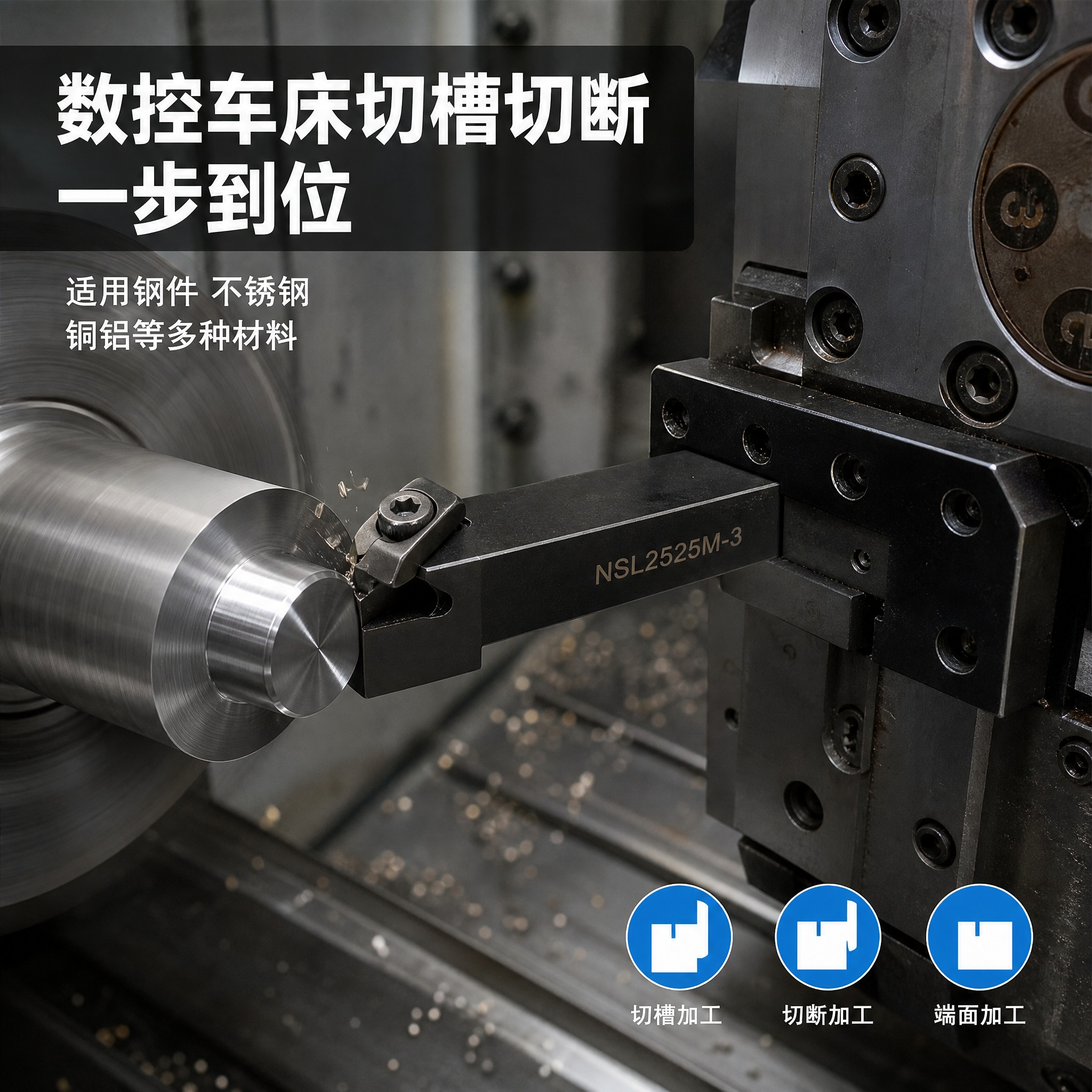 [主图-4] 场景适用与操作展示图，主题为数控车床切槽切断加工… - 图片创意预览