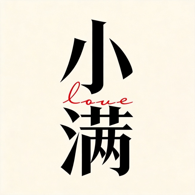干净的浅米纯色背景。平面艺术字体设计，主体文字为“小满”，字体基础是宋体结合现代设计，所有文字保持竖向排列，字色为黑色，参考参考图风格特征：笔画粗细对比强烈，笔画末端锐利斜切，结构端正硬朗，字间紧凑穿预览效果