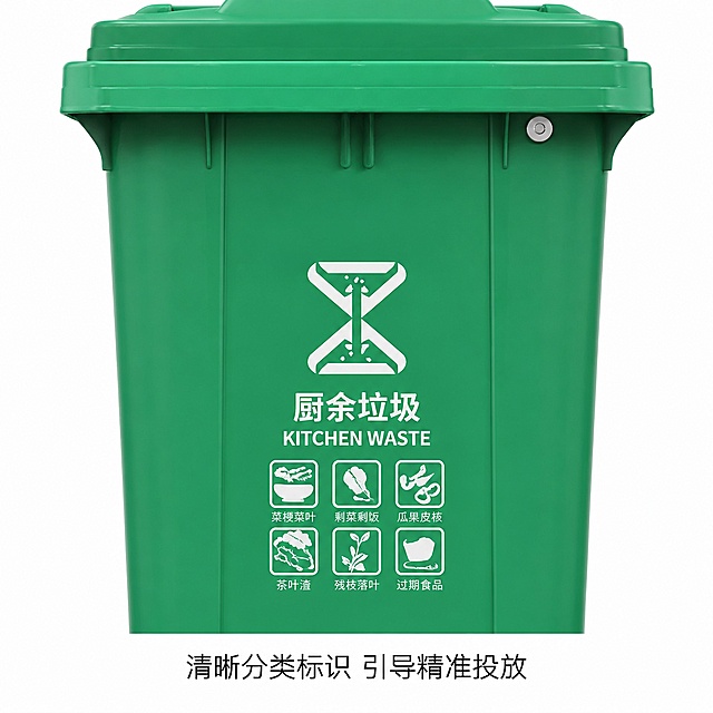 [主图-3] 分类标识细节展示图。
[氛围风格] 清晰直观，简洁实用；
[画质] 商业摄影质感、光线明亮通透、产品清晰真实、画面干净高级。
[元素] 垃圾桶正面分类标识区域放大特写，展示清晰的分类标识和图标，保持垃圾桶外观（即物理结构、材质质感、颜色）与输入产品图绝对一致，杜绝任何变形和色差，精细化处理。商品主体占比约 70%，画面满屏无边框。背景为简洁白色。
[光影] 均匀柔和布光，标识和文字清晰可见，细节锐利，无明显死黑。
[配色] 保持产品原有标识配色，白色背景突出细节。
[视角构图] 平视特写，聚焦分类标识区域，构图简洁。
[文字版式] 底部文字说明“清晰分类标识 引导精准投放”黑色细体，不遮挡产品细节。
[输出要求] 1:1 比例，文字清晰锐利，超高清商业摄影质感；
[负向提示词] 变形，文字错乱，产品图模糊，背景杂乱，水印，电商平台Logo，文字遮挡主体