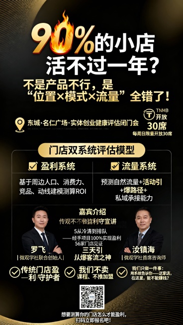 标题：🔥 90%的小店活不过一年？
副标题：不是产品不行，是“位置 × 模式 × 流量”全错了！
📍东城·名仁广场 · 实体创业健康评估闭门会
⏰ 每周日限量开放30席

“门店双系统评估模型”：预览效果