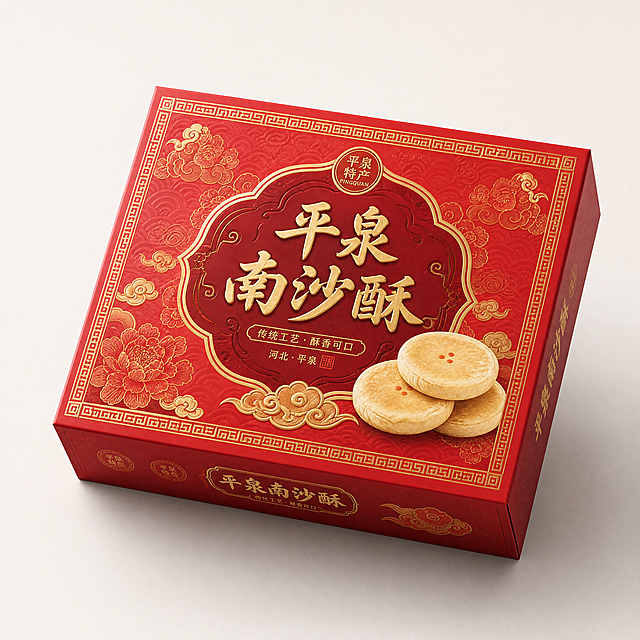 设计一款平泉南沙酥的中式糕点包装礼盒，喜庆红色为主色调，搭配烫金传统纹样，盒面印有清晰的"平泉南沙酥"书法字体，展示闭合礼盒的立体效果，整体风格传统雅致适合节日送礼，参考图中的南沙酥产品特色