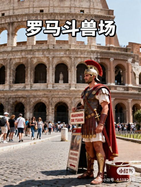 小红书内容页，实拍风罗马斗兽场门口街景，角斗士穿着古罗马服装站在入口处招揽游客，清晰文字标题“罗马斗兽场”，字体醒目自然，真实高清无AI感，3:4比例符合小红书排版预览效果