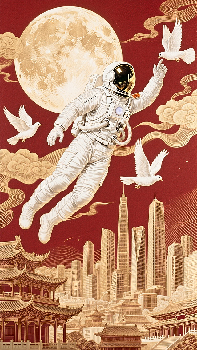 一个宇航员呈飞天姿势，白鸽飞舞与宇航员具有互动，底部微缩的繁华的中式+现代的建筑群后，祥云环绕，背后巨大的月亮，非常规构图，金色+红为主色调