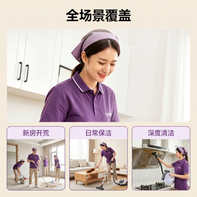 [主图-3] 保洁开荒服务覆盖场景展示 多场景宫格排版。保持图中保洁员工紫色Polo衫和紫色头巾的装扮不变，完全保留原穿着颜色、款式和细节。采用中心主体人物加下方三宫格场景排版。中心上方放置本图保洁员预览效果