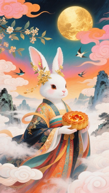 国潮插画风格，主体为拟人化玉兔手捧流心月饼，兔耳缀桂花金饰，奢华好看的古风服饰，背景是水墨诗意山水，空中飘橙粉渐变祥云与衔桂叶的飞鸟，一轮鎏金太阳悬于天际，色彩丰富且具梦幻神秘感预览效果