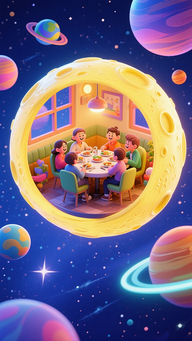一个黄色月球形状的微缩场景（里面展示的是餐厅，一家人围坐在圆桌旁用餐），漂浮在深蓝色星空中，周围漂浮着彩色星球