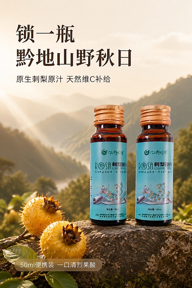 [第1屏] 详情页头图-贵州刺梨原汁产品宣传海报
[氛围/风格] 自然山野高级氛围感，莫兰迪暖色调，商业摄影质感
[元素布局] 50ml刺梨原汁小棕瓶放置在画面右下区域，占比约65%；背景虚化呈现贵州山间云雾晨光意境，前景散落两三颗带刺新鲜刺梨鲜果，果皮带刺纹理清晰，一片翠绿叶片点缀。保持本产品包装外观、瓶身颜色、字体结构与上传产品图（https://gdesign-dam-hz.dancf.com/37007260801935483/87ab9125d7434904a57f9d26257a2fe9.jpg）绝对一致，杜绝变形色差。画面层次分明，前景鲜果、中景产品、背景山林，三层递进
[光影质感] 晨光从左上斜射，透过山间云雾形成丁达尔柔光，瓶身形成柔和高光，鲜果纹理清晰，整体光影通透自然
[配色色系] 全局莫兰迪暖灰色#E8E2D9，主色浅棕瓶身，辅助色刺梨暖黄色、叶片翠绿色，整体高级柔和
[视角构图] 左文右图，阅读动线左上标题 → 右下产品 → 底部信息，产品为视觉重心，景深适中
[文字版式] 标题字形采用温润宋体，全套统一字色深棕色不超过2种。左上留出版区，主标题「锁一瓶黔地山野秋日」，深棕色大号字体，副标题「原生刺梨原汁 天然维C补给」，字号缩小一半，深棕色。底部信息条浅棕色半透明底，文字「50ml便携装 一口清冽果酸」，浅米色文字，不遮挡产品主体。文字清晰可读，手机端可辨
[比例分辨率] 2:3竖版比例，4K分辨率，文字清晰可辨，高清画质
[负向提示词] 变形，水印，文字错乱，文字过小，缺件错件，结构错误，颜色偏差，包装文字错乱，产品图模糊，背景杂乱