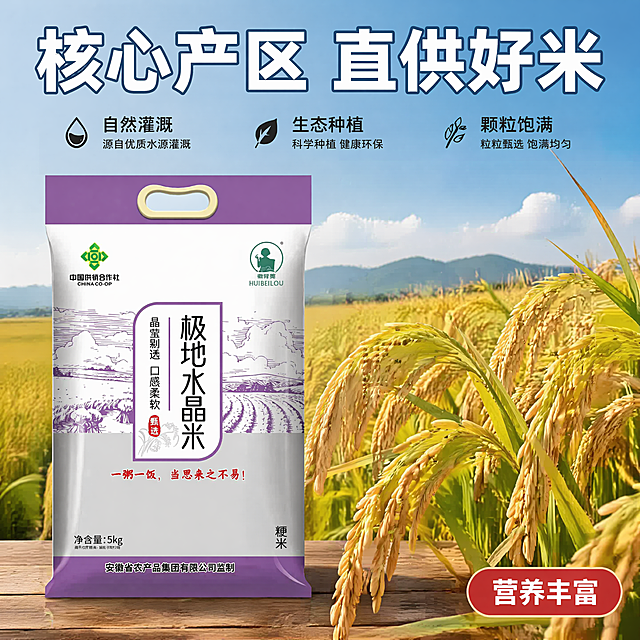 [主图-2] 核心产地溯源图；[氛围风格] 自然真实，突出产地优势；[画质] 商业摄影质感、光线柔和通透、产品清晰真实、画面干净高级；[元素] 左侧放置完整的徽背篓极地水晶米包装袋，右侧为广阔的东北稻田实景，蓝天白云下稻浪翻滚，大片金黄饱满稻穗，保持包装袋外观与原图一致，不遮挡包装正面主要信息，商品主体占比合理。[光影] 自然晴天侧光，突出稻穗饱满颗粒和包装质感，光线通透自然。[配色] 主色稻田金黄搭配包装紫白色，自然清新。[视角构图] 横向对称构图，前景产品背景稻田，景深自然。[文字版式] 画面顶部放置大号加粗文字"核心产区 直供好米"，白色搭配深色描边清晰可读；下方分三点排列卖点：自然灌溉 生态种植 颗粒饱满，小字号黑色左对齐；右下角标注"营养丰富"红底白字标签。[比例分辨率] 1:1 比例，4k 分辨率；文字清晰锐利，画面超高清。[负向提示词] 变形，水印，文字错乱，产品图模糊，背景杂乱。