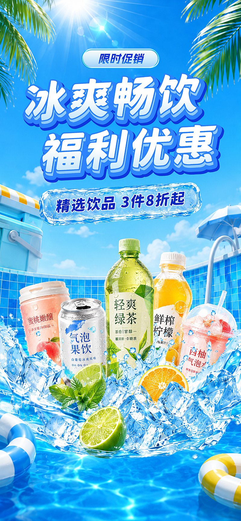 清新夏日风清凉畅饮冰爽饮品优惠手机全屏海报
