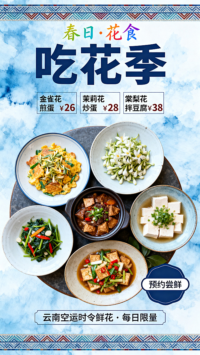 春季餐饮营销海报，限定主题。画面中央为一桌鲜花宴摆盘，包含金雀花煎蛋、茉莉花炒蛋、棠梨花拌豆腐等，色彩缤纷，采用俯拍视角。背景为浅蓝色扎染纹理，搭配民族风几何条纹装饰。顶部用彩色手写体写着"春日·花食"，中间大标题"吃花季"用深蓝色粗体，下方用小卡片形式列出三道菜品名称和价格（每道¥26-38）。底部放置"云南空运时令鲜花·每日限量"文字和"预约尝鲜"按钮。整体配色为蓝+白+花材自然色，风格清新民族风，无樱花、无春笋、无青团、无常见春季食材