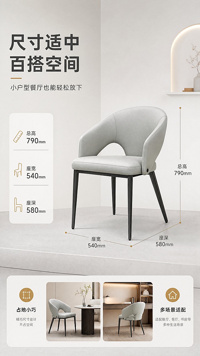 [商品] 使用【图1】DY-8803C月光灰餐椅；保留环抱式靠背造型、西皮面料、月光灰颜色、碳素钢黑色细腿、整体比例与结构；修复产品光影，不改变版型结构。
[画面] 目标：空间尺度页，展示尺寸与小户型餐厅适配性。构图：左文右图，左侧约1/3文案+尺寸信息区，右侧餐椅正侧视角度+尺寸标注线，产品占画面约55%。景别：中景。前中后景：前景浅灰色地台、中景餐椅+尺寸标注、后景浅灰渐变背景+简约空间示意。场景：极简空间尺度展示，清晰呈现产品占地与尺寸。
[视觉] 套系策略：风格=现代轻奢亮调商业摄影；标题字=现代无衬线粗体；正文字=简洁无衬线体；主色=月光灰+米白；背景延展=基于米白与浅灰做深浅层级、同色渐变和细腻哑光质感；强调色=香槟金，仅用于小面积图标、引线和标签；标题色=深炭灰；正文色=中暖灰；组件=圆角浅底信息卡、细线引线、香槟金点缀；光影=左前侧暖柔光，明亮通透。
[文字] 左侧文案区：主标题「尺寸适中 百搭空间」（8字），副标题「小户型餐厅也能轻松放下」（12字）。右侧餐椅加尺寸引线标注：总高790mm、座宽540mm、座深580mm。底部加2个空间卖点：「占地小巧」「多场景适配」。文字不遮挡餐椅主体。
[规格] 图片比例9:16竖版，4K分辨率，medium质量。避免变形、错字、文字过小、冷蓝背景、产品颜色改变、结构失真、极限词。
