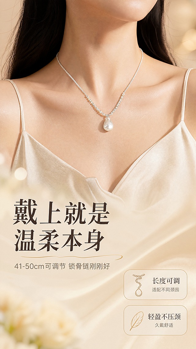 [商品] 使用【图1】珍珠碎银子项链；保留水滴形珍珠吊坠、碎银子闪钻链身、银色电镀质感，不改变商品结构、颜色和比例；商品处理：项链佩戴于模特颈部，保持产品原貌，增强珍珠与金属光泽。
[画面] 页面目标：佩戴效果展示，让买家直观看到上身效果与长度。构图：亚洲女性模特半身锁骨特写，脸部只露出下巴和颈部，项链佩戴在锁骨位置，位于画面中心偏上。主体占画面60%。景别：近景特写。前中后景：前景柔焦，中景模特颈部+项链，后景虚化奶茶色室内背景。
[视觉] 套系策略：风格=法式轻奢珠宝商业摄影；标题字=优雅衬线粗体；正文字=简洁无衬线体；主色=奶茶米杏；背景延展=基于奶茶米杏做深浅渐变、柔焦光斑和细腻丝绸质感；强调色=香槟金，仅用于小面积装饰线、图标和标签；标题色=深棕灰；正文色=暖中灰；组件=圆角浅金信息卡、细金线引线；光影=前侧柔暖光，珍珠带高光，皮肤质感细腻。
[文字] 画面下方主标题：「戴上就是温柔本身」，副标题：「41-50cm可调节 锁骨链刚刚好」；右下角配2个卖点：「长度可调 适配不同颈围」「轻盈不压颈 久戴舒适」；文字不遮挡项链佩戴效果。
[规格] 图片比例9:16竖版，4K分辨率，淘宝/天猫详情页风格，中文文案；避免变形、错字、文字过小、冷蓝背景、商品颜色改变、结构失真、极限词。
