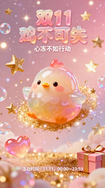可爱胖乎乎果冻小鸡漂浮在星空中，周围是闪烁的星星、爱心果冻、泡泡和礼盒，柔和灯光、金粉粒子，画面梦幻温柔、甜美童趣。梦幻星光，童话风，闪光粒子，粉金渐变，果冻主标题文字
“双11 
鸡不可失”，
副标预览效果