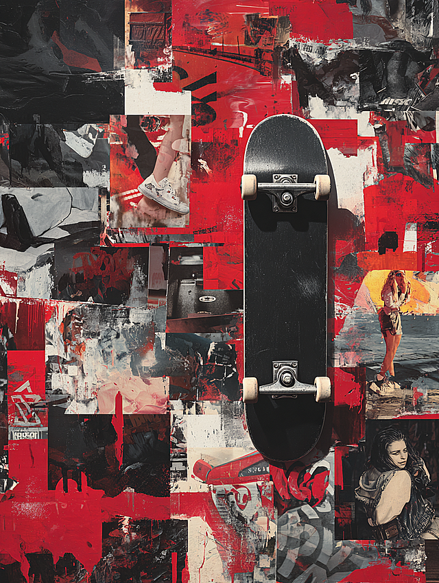 Collage art, vibrant fire red and jet black color palette, photorealistic cutouts of skateboard, street art mural fragments, street fashion clippings, layered denim textures and spray paint splatters, edgy mall poster, no AI artifacts, --ar 2:3 --style raw --no text