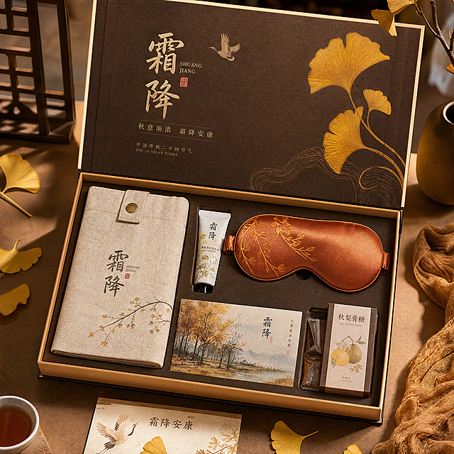 霜降主题航班全套专属伴手礼礼盒，打开的礼盒内展示亚麻环保袋、节气限定护手霜、暖色调真丝混纺眼罩、秋景主题明信片、秋梨膏糖，整体风格雅致温暖文化感，主色调深秋褐银杏黄，高端礼盒摆饰摄影，高清质感