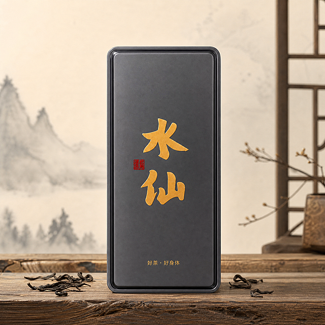 电商精修风格，产品为武夷山水仙乌龙茶灰色铁盒包装，只展示外面的铁盒，不露出盒子内部的茶叶，1:1正方形构图，产品竖放在古朴木纹茶桌上，搭配干茶和简约中式背景，风格自然高端，突出产品国风调性