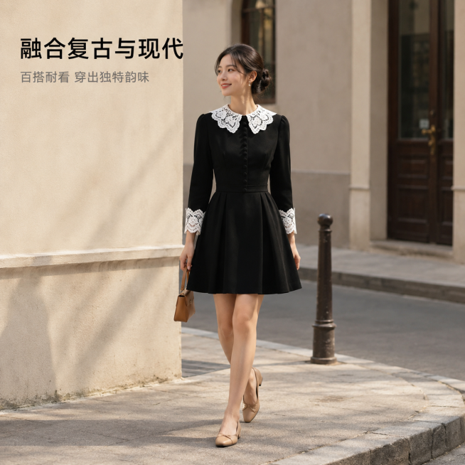 [主图-5] 赫本风新中式黑色蕾丝连衣裙百搭穿搭展示图
[氛围风格] 复古日常氛围感，轻复古街景场景，展示实穿性
[画质] 商业摄影质感、光线柔和通透、产品清晰真实、画面干净高级
[元素] 同一位年轻预览效果