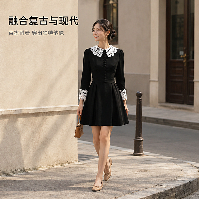 [主图-5] 赫本风新中式黑色蕾丝连衣裙百搭穿搭展示图
[氛围风格] 复古日常氛围感，轻复古街景场景，展示实穿性
[画质] 商业摄影质感、光线柔和通透、产品清晰真实、画面干净高级
[元素] 同一位年轻亚洲女模特，穿着这款黑色蕾丝连衣裙，搭配简约浅棕色小皮鞋，站在极简复古街角场景，自然行走抓拍动态感，展示日常穿搭效果。保持连衣裙外观（物理结构、材质质感、颜色）与输入产品图绝对一致，杜绝任何变形和色差，精细化处理。场景简洁，不抢连衣裙主体焦点。商品主体占比严格控制在60%-80%之间，画面满屏无边框。
[光影] 自然街景柔光，通透有氛围感，光影层次自然，还原真实穿搭质感
[配色] 连衣裙黑白经典配色，街景浅棕灰色调，整体和谐统一，高级耐看
[视角构图] 中景平视，捕捉自然行走动态，展示整体搭配效果，构图自然生动
[文字版式] 左上负空间左对齐，大字文案写"融合复古与现代"，黑色加粗；辅助短句写"百搭耐看 穿出独特韵味"，灰色小字，不遮挡人物与产品主体
[比例分辨率] 1:1比例，2048px*2048px，2k分辨率，文字清晰锐利，画面超高清
[负向提示词] 变形，水印，文字错乱，产品图模糊，背景杂乱，换模特，人物面部畸形，肢体扭曲，色差