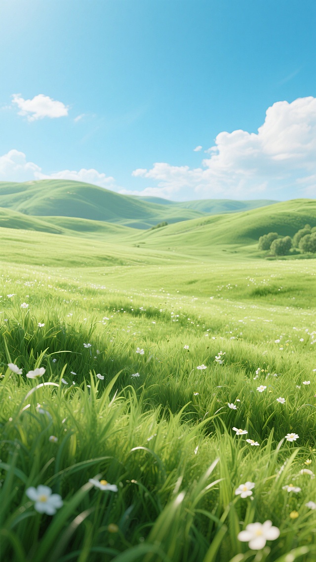 明亮的阳光下，一片广阔无垠的绿色草原，草叶呈现出细腻的质感和丰富的层次，点缀着零星白色的小野花，远处是连绵起伏的绿色山丘，天空湛蓝清澈，漂浮着几朵洁白的云彩，整体画面充满生机与宁静，光线柔和温暖，色彩鲜明而和谐，营造出自然清新的氛围，具有高度写实的3D渲染风格，细节丰富，构图开阔，视角较低，突出草原的广袤与生机。